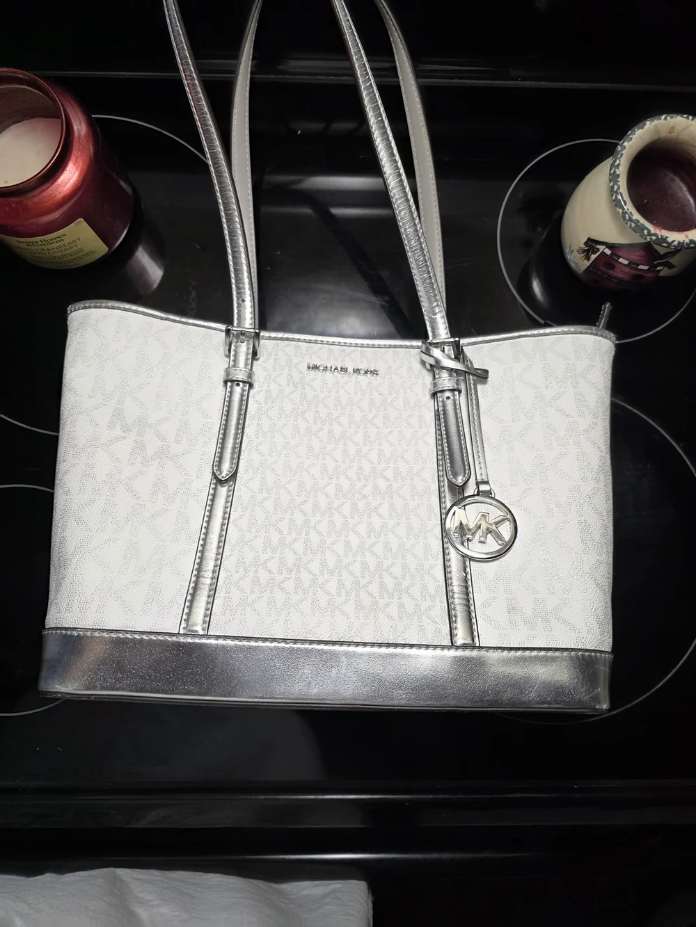 Michael Kors White and Silver MK Logo Tote